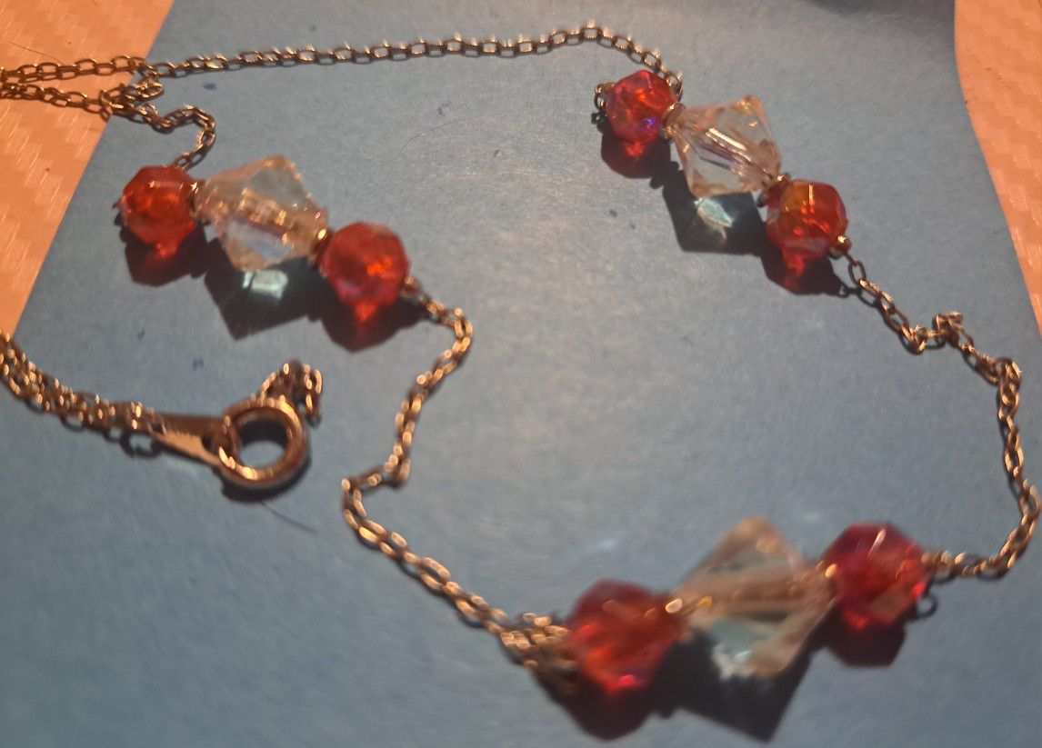 Vintage Garnet And Clear Beads 16 Inch Necklace  With Matching Earrings 