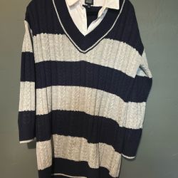 Derek Heart branded, navy blue and white, striped dress  cable-knit sweater vest with an attached white collared shirt underneath. The tag ind
