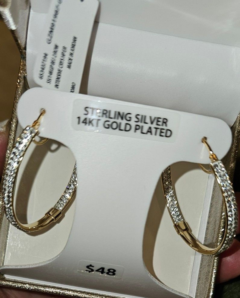 Womens 14k Gold Plated Sterling Silver Crystal Hoop Earrings 
