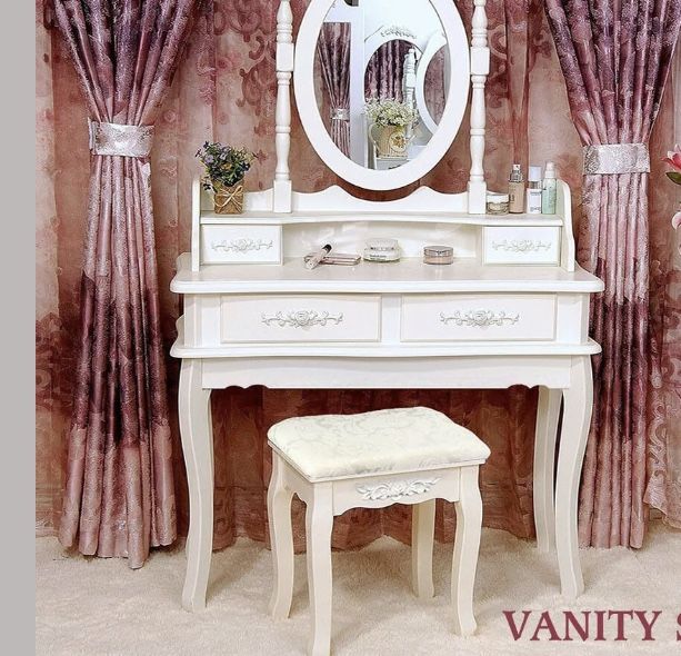 4 Drawers Vanity Makeup Dressing Table Set w/ Stool & Mirror Wood Desk White FREE SHIPPING
