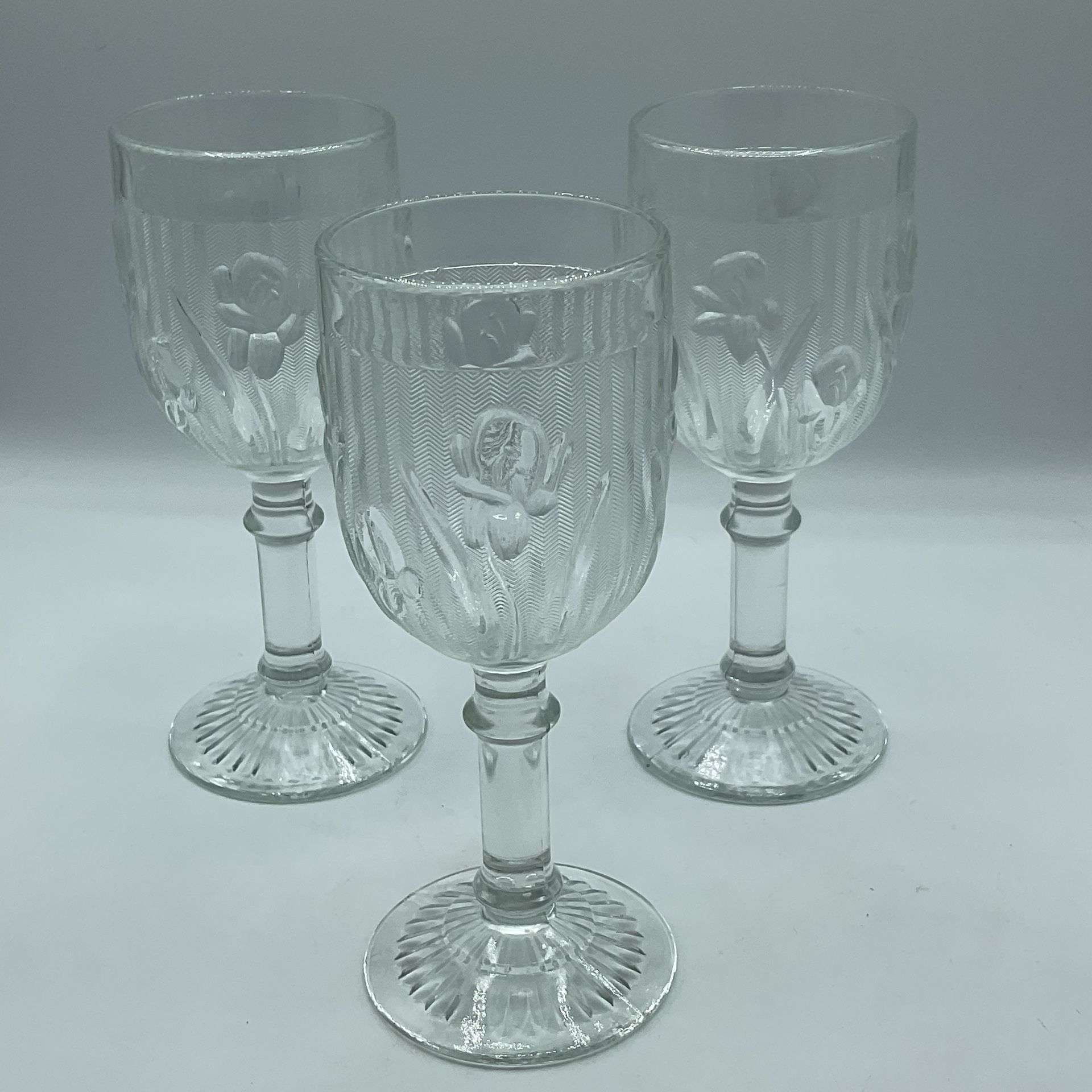 Jeannette Iris & Herringbone Depression Glass Wine Goblets Set Of 3 - 5 5/8”