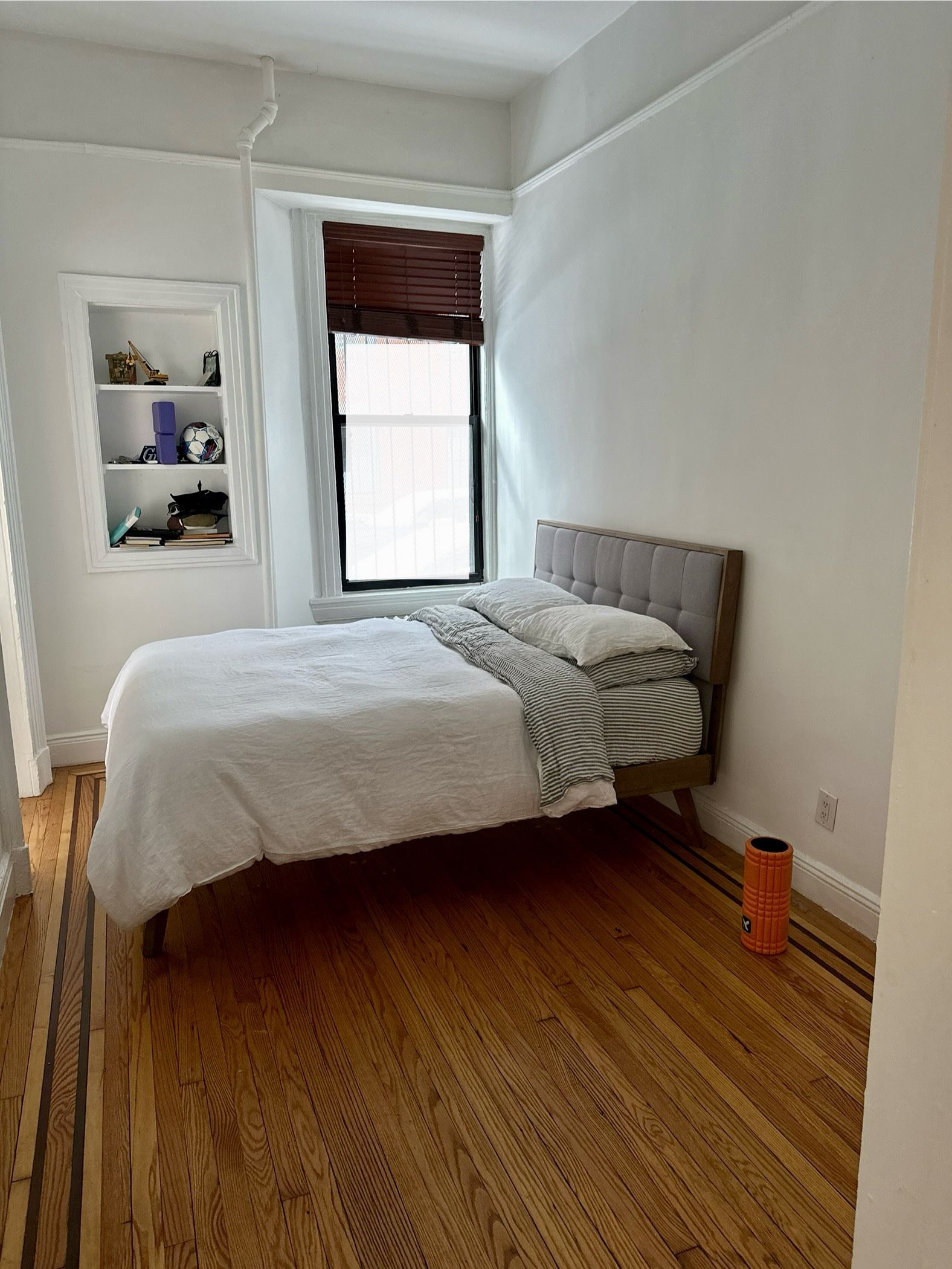 Queen Bed Frame And Headboard Mid-Century Modern Platform Grey & Walnut