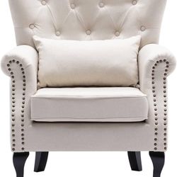 1304D Mid-Century Modern Accent Chair, Comfy Tufted Single Sofa Chair Wingback Armchair with Pillow for Club, Living Room, Bedroom - Linen, Beige