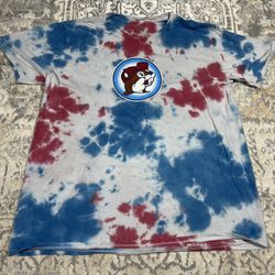 BUC-EES Tie Dye "Lets Get It Poppin" T-Shirt Patriotic USA Beaver Men Size XL  Moderate wear from washing and used. Cracking on the graphics.   See pi