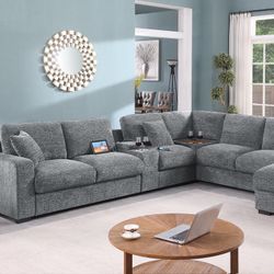 light grey chenille fabric modular sectional sofa set with chaise and consoles with USB charging.   ✨  Juego de sofá seccional modular Color Gris