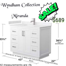 Wyndham Collection
Miranda 42 in. W Single Bath Vanity in White with Cultured Marble Vanity Top in Light-Vein Carrara with White Basin