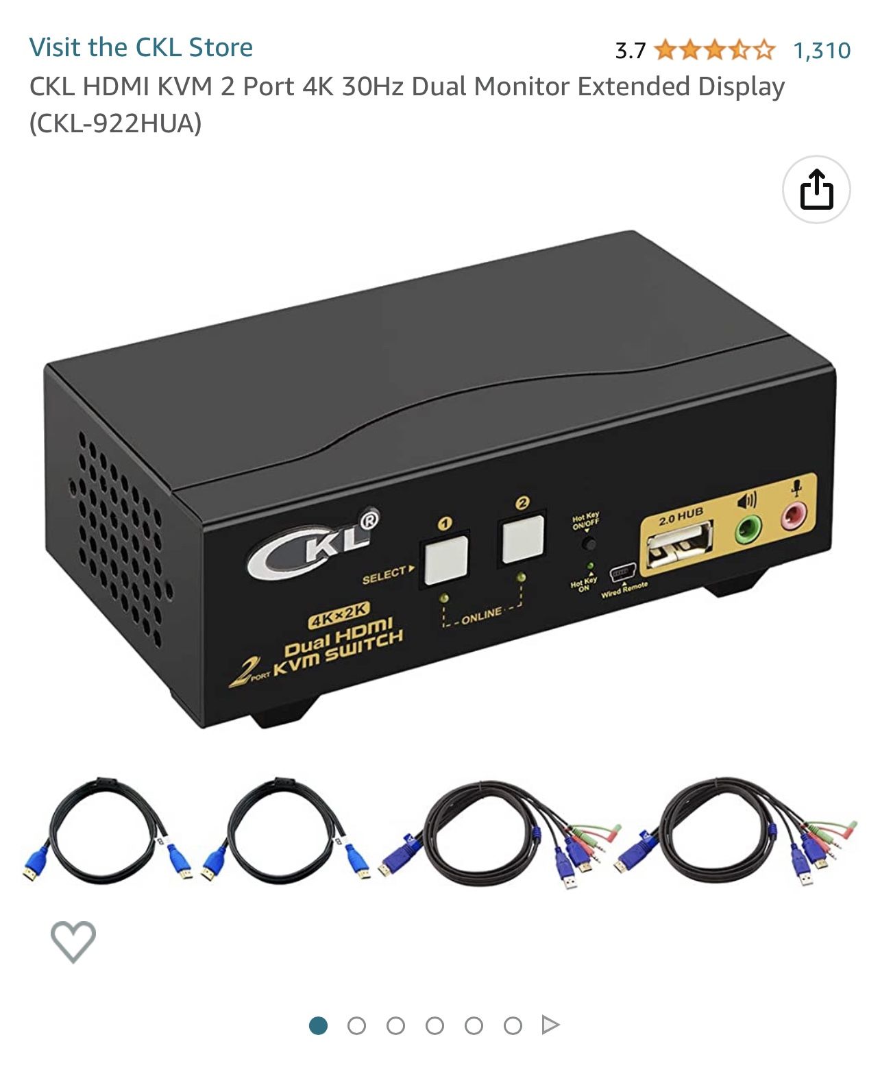 CKL HDMI KVM 2 Port 4K 30Hz Dual Monitor Extended Display