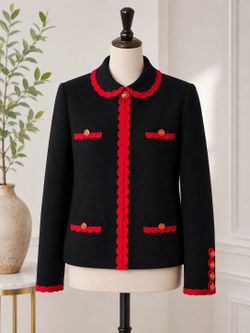 Size S. St. John Collection Black Red Wool Blend Jacket Scalloped Trim Pockets  S