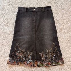 Vintage Euro denim midi skirt with flower embroidery detail