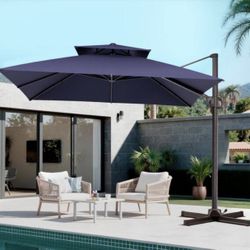 10 ft. x 10 ft. Aluminum Double Tier Patio Umbrella Outdoor Heavy-Duty 360° Swivel Cantilever Umbrella in Navy Blue