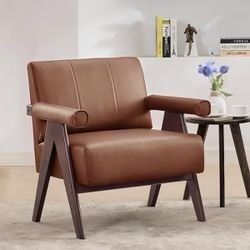 NEW TYBOATLE Brown Faux Leather Chair, Mid-Century Modern Accent Chair with 7" Thick Seat Cushion