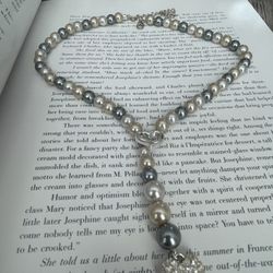 Avon NRT Cream Grey Pearl Crystal Hearts Drop Necklace