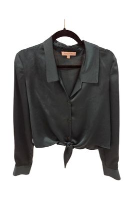 Gianni Bini Satin Tie Front Button Down Blouse Dark Teal Green Crop Hem Size S