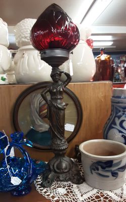 Vintage Art Nouveau Figurine Lady W/ Red Flame Globe Lamp- Located in Shelton