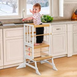 COSYLAND Toddler Standing Tower - Adjustable Height Kitchen Stool Helper White & Natural