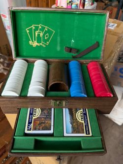 Vintage 1970s Poker Set w/ Wood Case – Chips, Dice Cup & Sealed Cards