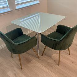 Glass Square Dining Table With 2 Green Chairs