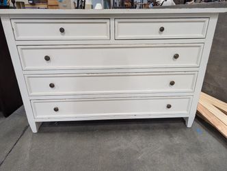 Distressed Off-White Five-Drawer Chest with Dark Knobs