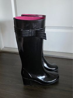 KATE SPADE Black Rubber Rain Boots with Bow Detail
