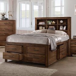 Rustic Bedroom Furniture - Captains Bed  With Bookshelf Headboard And Storage Drawers All Around