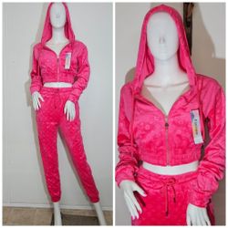 Pink 2 PC Velour Set Cropped Jacket And Jogger 