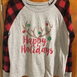 “Happy Holidays” Reindeer Shirt Womens Size L Gray Red Plaids Raglan Long Sleeve