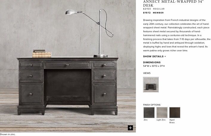 Restoration Hardware Annecy Metal Wrapped Desk Zinc 54" W x 30"D x 31"H Item #61740026