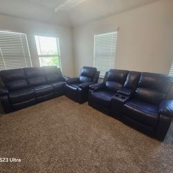 Blue Reclining Sofa Set (3-Piece) – Excellent Condition