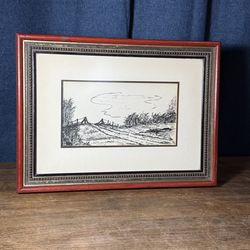 Vintage Framed Black & White Landscape Drawing • Signed