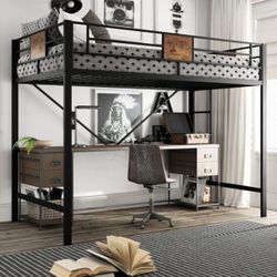 Metal Twin Size Loft Bed Frame with Stairs & Full-Length Guardrail, Rustic Wood, Black Frame (Desk not included)