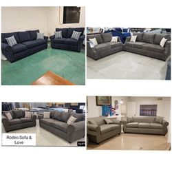 Brand NEW COUCHES/BLACK , Granite COLOR FABRIC  WITH  Studs  And Med Grey FABRIC Sofa, Couch Set 