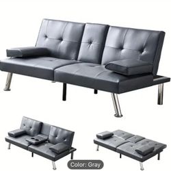 Convertible Sofa Bed Adjustable Couch Sleeper Modern Faux Leather Recliner Reversible Loveseat Folding Daybed Guest Bed Removable Armrests Cup Holders