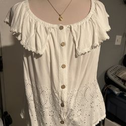 RoomMates white eyelet ruffle off-the-shoulder blouse.