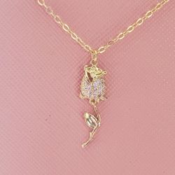 14k Gold Plated Rose Pendant With Paved Zirconia Approx 19in Long Chain