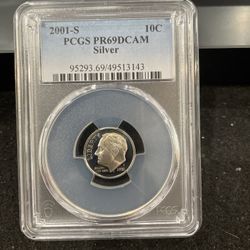 2001 S Gem Proof SILVER Roosevelt Dime Graded At PR69 With A Deep Cameo 4-12