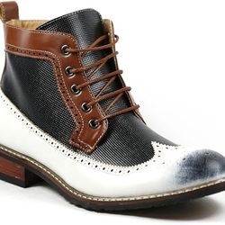($100+ New) Ferro Aldo Men's Distressed Semi-Brogue Wing Tip Tall Ankle Dress Boots, White