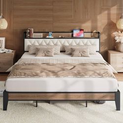 California King Bed Frame, Storage Headboard with Charging Station, Platform Bed Frame with Strong Metal Support, Sturdy & Stable, Noise Free, No Box 