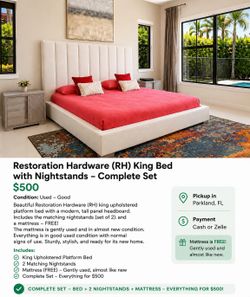 Restoration Hardware (RH) King Bed with Nightstands - Complete Set