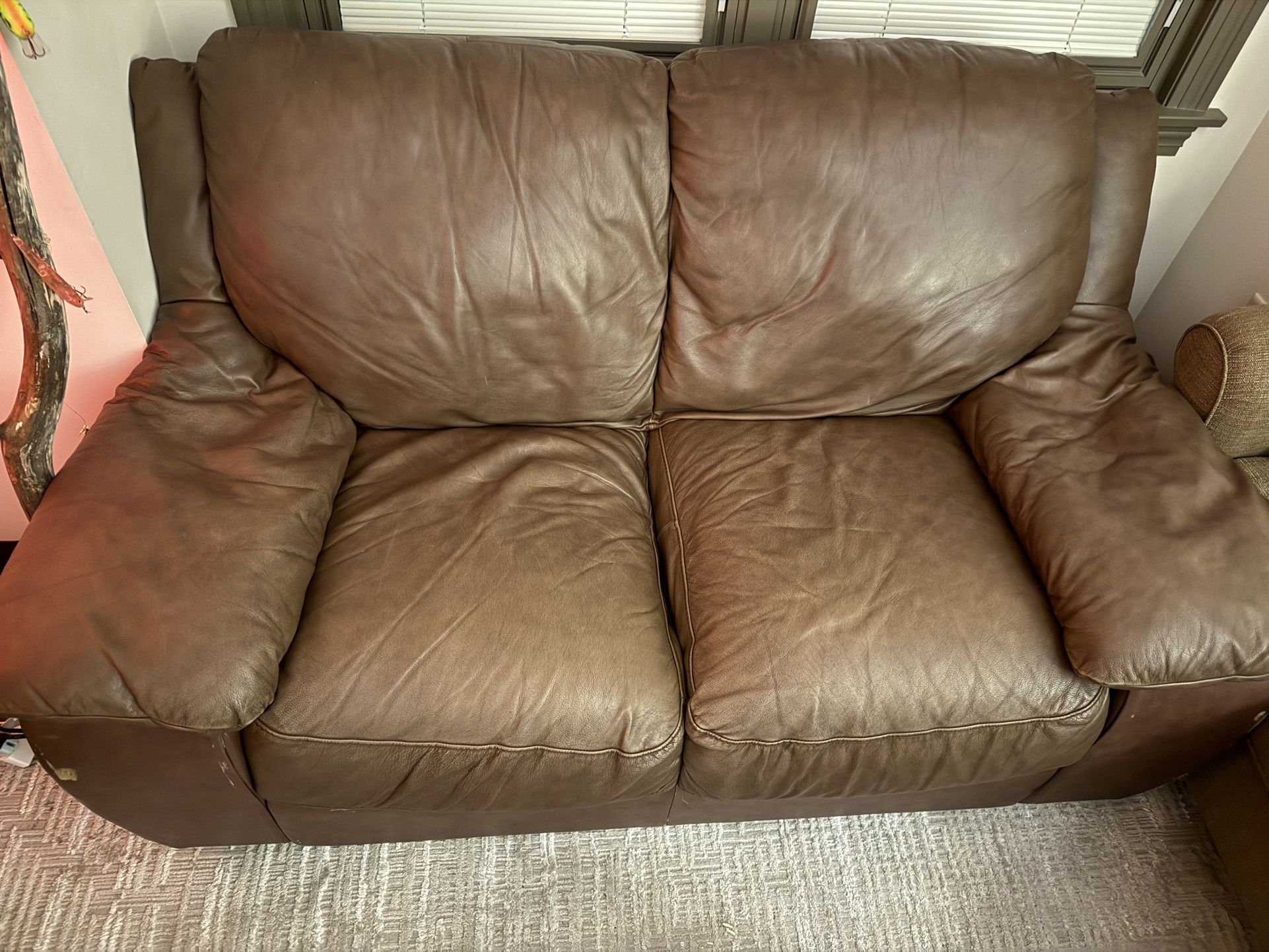 Plush Brown Leather Loveseat - Overstuffed Comfort Sofa