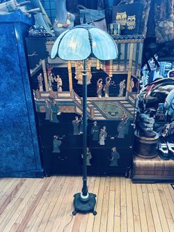Gorgeous Antique Stained Blue Slag Glass & Decorative Bronze Filigree Standing Floor Lamp