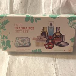 fragrance Gift Set of six Travel Size Mini Perfumes In A Green And White Cosmetic Bag