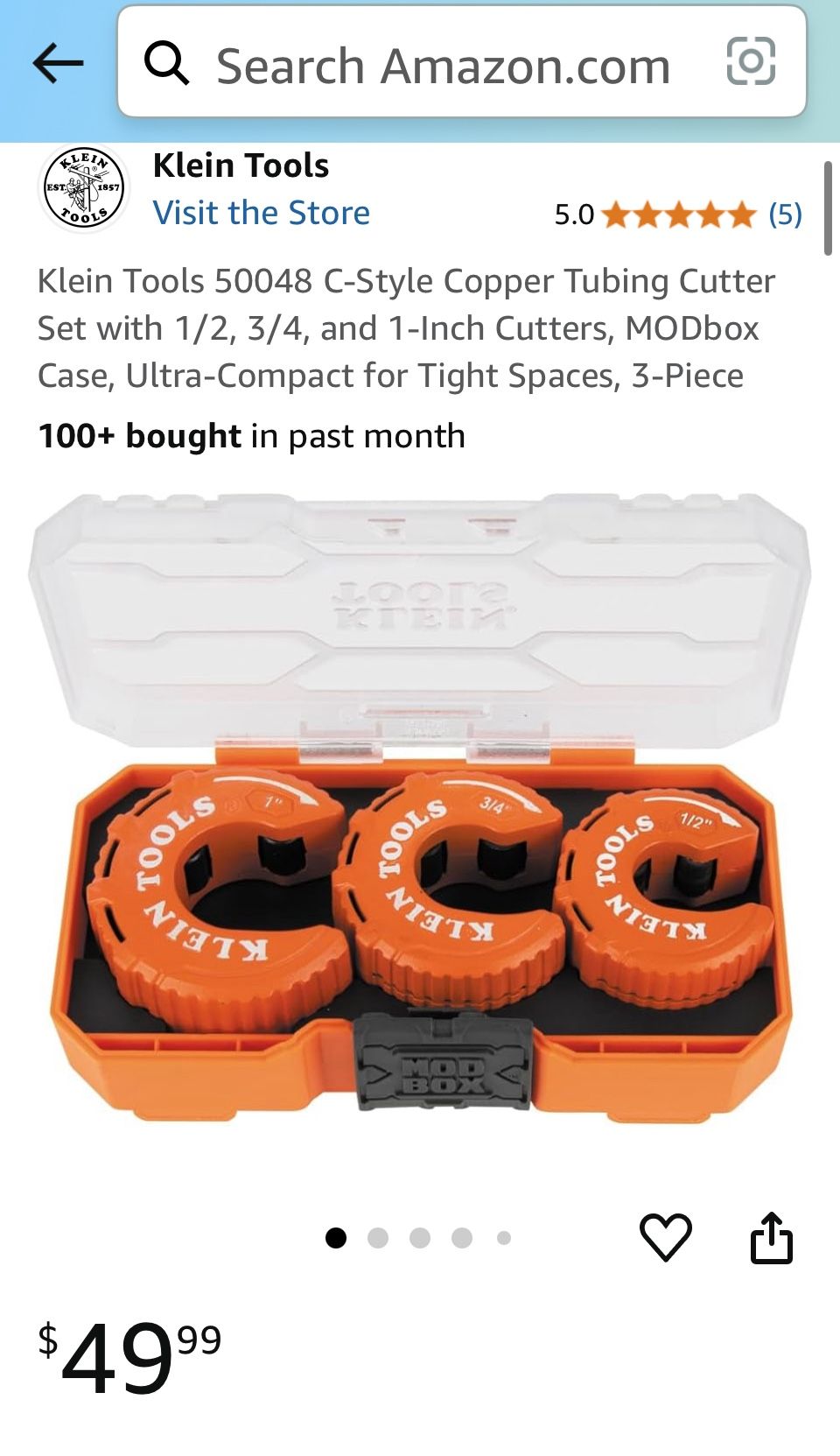 Klein Tools 50048 C-Style Copper Tubing Cutter Set with 1/2, 3/4, and 1-Inch Cutters, MODbox Case, Ultra-Compact for Tight Spaces, 3-Piece