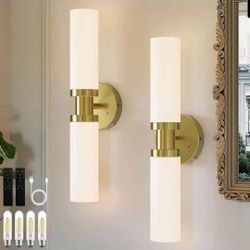 Rechargeable Wall Sconces Set of 2 Gold LED Lights Remote Dimmable No Wiring