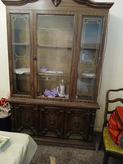 Antique Wood China Cabinet with Glass Doors