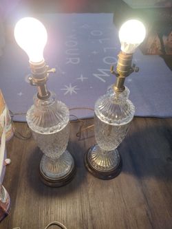 2 PC Vintage Glass Cut Brass Leviton Lamp Tall Table Top