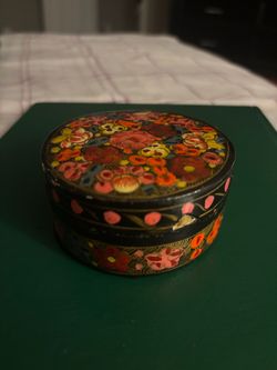 Vintage Hand-Painted Floral Lacquer Trinket Box