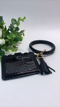 High Quality PU Leather Wristlet Keychain Wallet/Card Holder Big Circle, Black