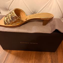 Bottega Veneta Gold Leather Mule Heels Square Toe Croc Embossed Women w/ Box”