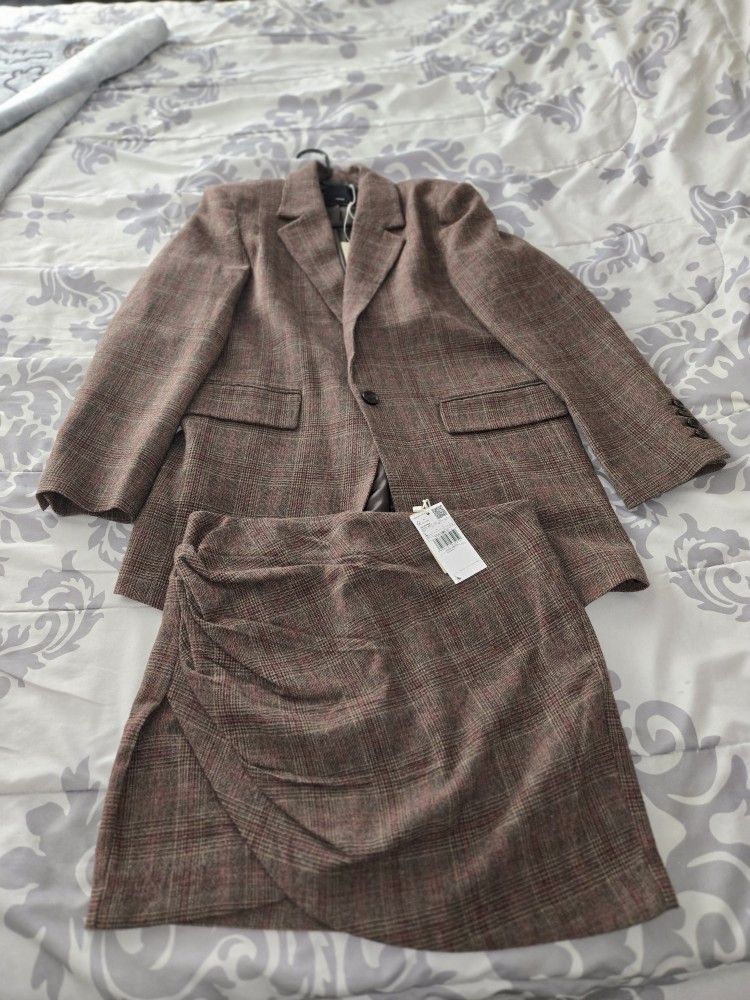 Mango Check Suit Wool Blazer & Skirt - Women's Size Large NEW