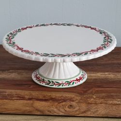 Avon Festive Holiday Dessert Plate
Footed Pedestal Serving Cake Stand Green Holly on Red Ribbon 